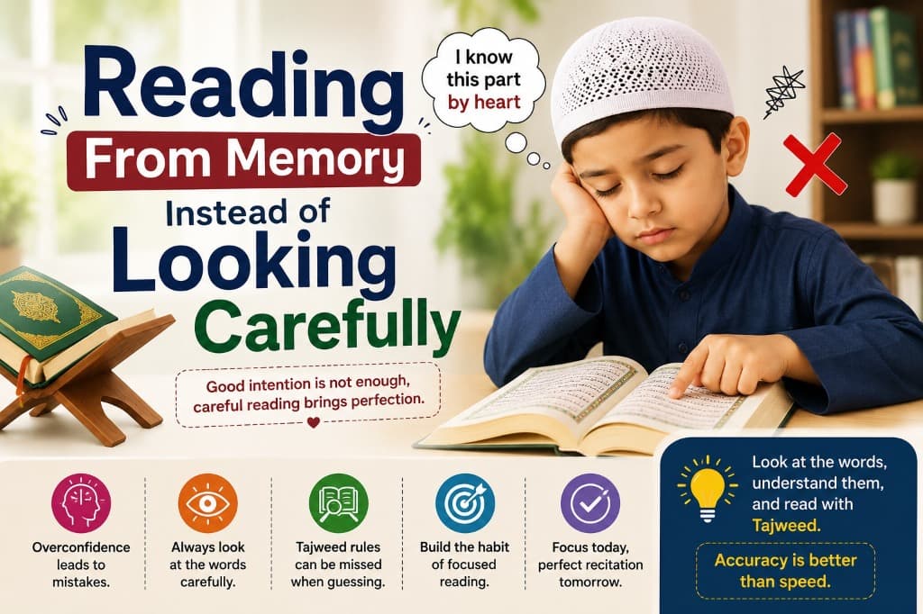 Reading from memory instead of looking carefully - Quran reading mistake infographic showing a young boy reciting and key learning principles