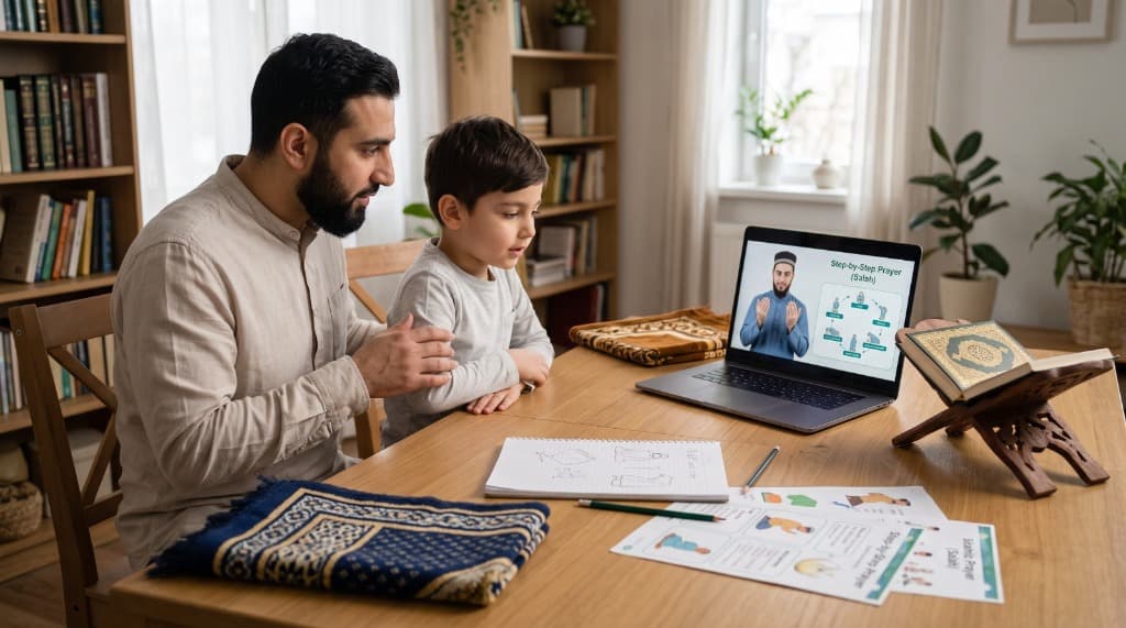 Muslim father and young son learning step-by-step Salah prayer online with a certified male teacher