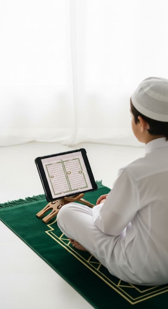 Young Muslim child sitting on a prayer mat reading Quran on a digital tablet