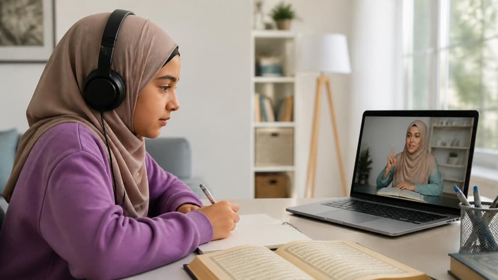 Young student taking live one-on-one Quran lesson at home desk with online teacher