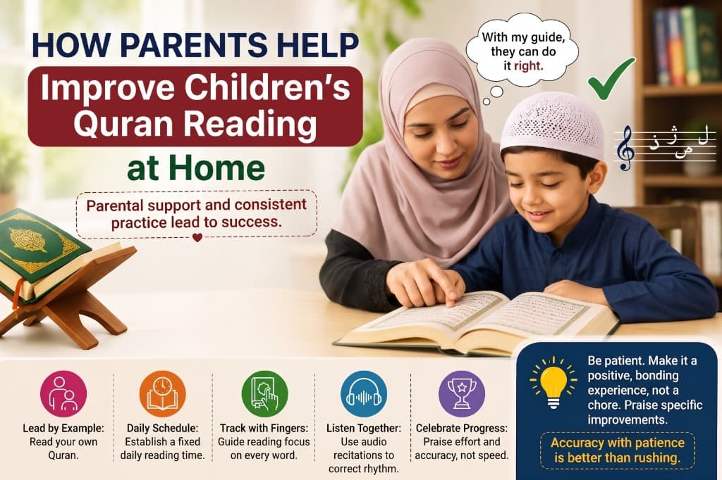 How Parents Help Improve Children's Quran Reading at Home - Mother and child learning Quran together with step-by-step home guidelines