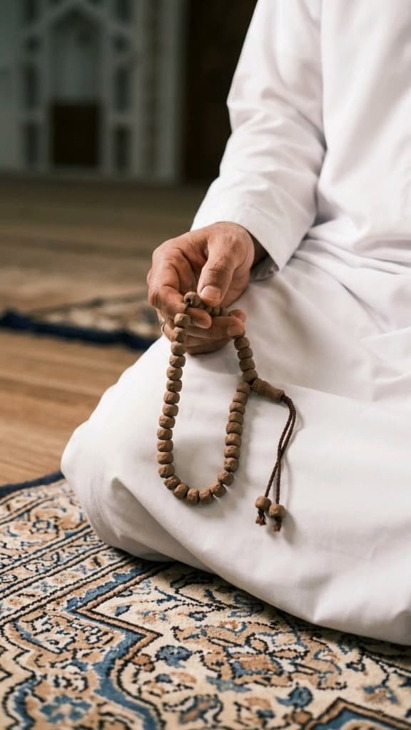 Muslim worshipper holding wooden prayer beads (Tasbih) in quiet spiritual contemplation on an ornate prayer rug