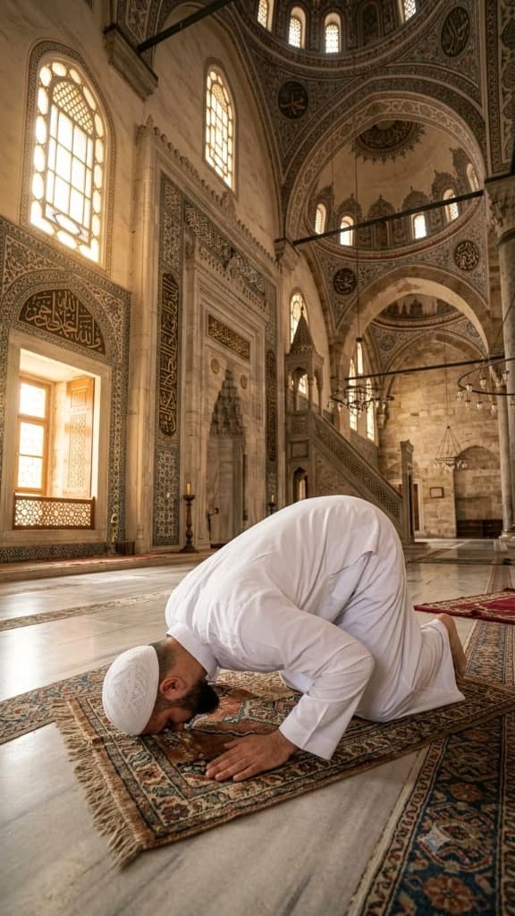 Muslim worshipper performing Sujood (prostration) in a magnificent historic mosque, demonstrating humility and connection with Allah SWT