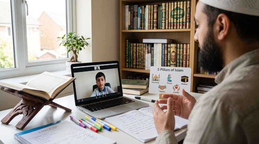 Online Islamic studies tutor teaching young student the 5 pillars of Islam and Quran on Zoom