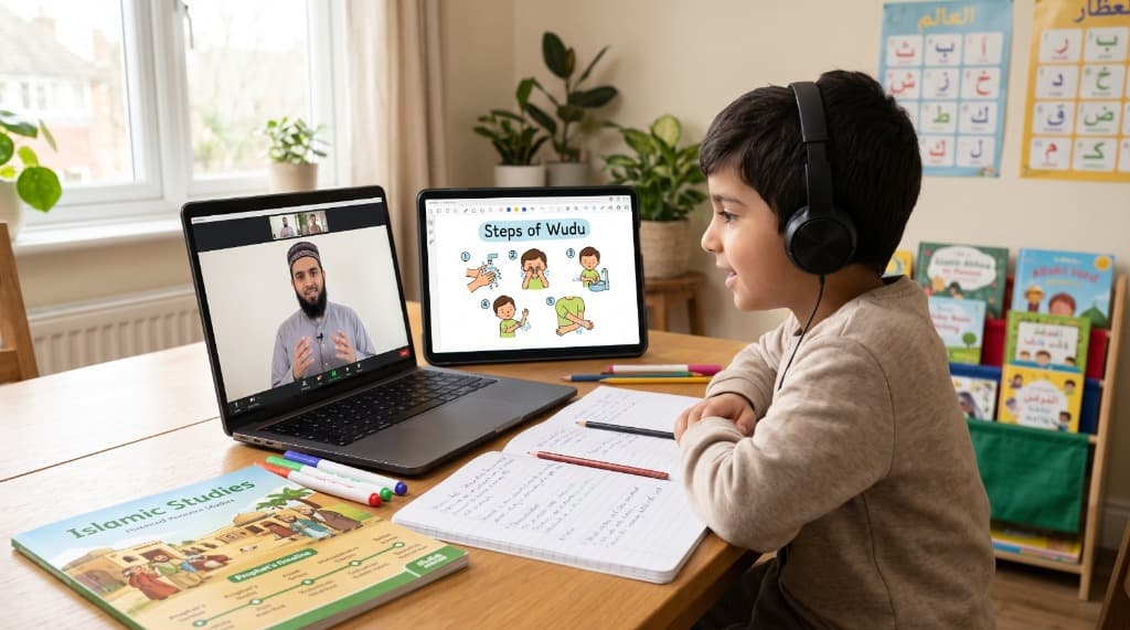 Young Muslim boy wearing headphones learning online Islamic studies and steps of Wudu with live tutor
