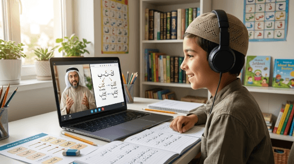 Young boy learning Arabic root words like ka-ta-ba with a certified online Quran teacher on a laptop