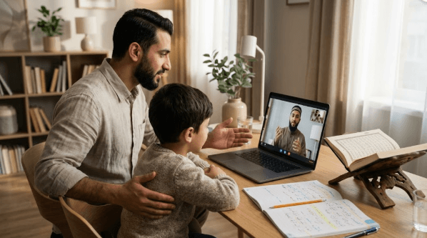 Father and son studying Quranic Arabic online together with an experienced teacher on a laptop