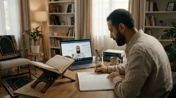 Adult Muslim learner studying Quranic Arabic online with an open Holy Quran on a wooden rehal stand, notebook, and live tutor on laptop
