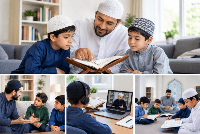 Four-part collage showing Muslim father teaching sons, parent having deep conversation, boy attending online Quran class on laptop, and kids studying in halqa