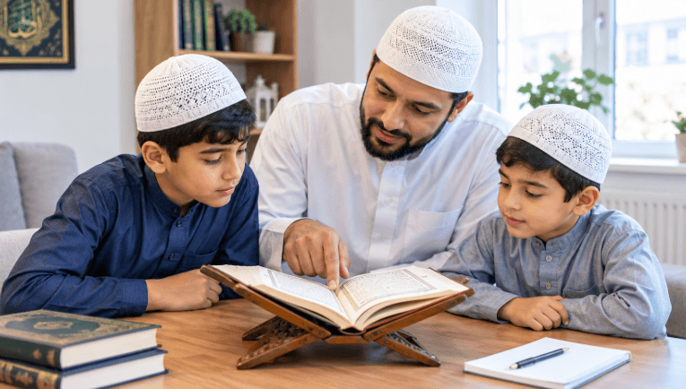 Muslim father in prayer cap teaching his two young sons Holy Quran on a wooden rehal at home