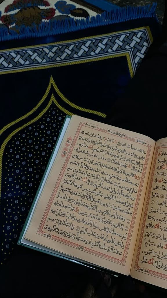 Digital tablet displaying Surah Al-Kahf on a study stand next to a green plant for sisters online Quran learning