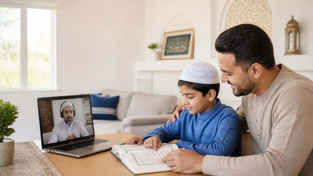 Student attending a one-to-one online Quran Tajweed class at home during the weekend
