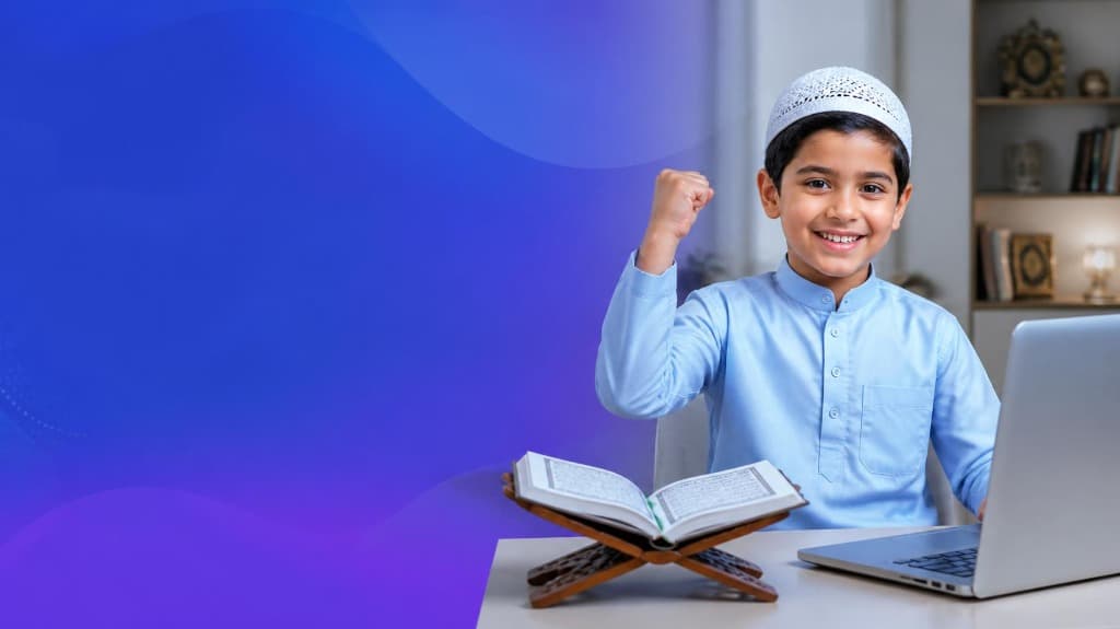 Young Muslim child in the USA attending a live one-on-one online Quran lesson on a laptop