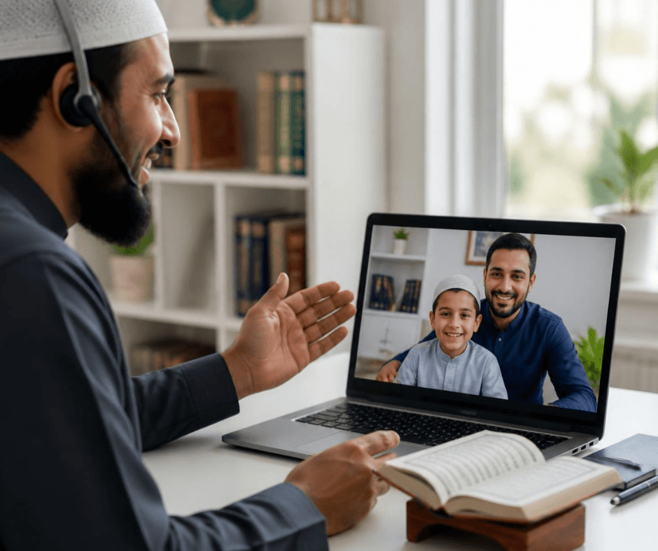 Parent sitting with child during an interactive online Quran recitation lesson