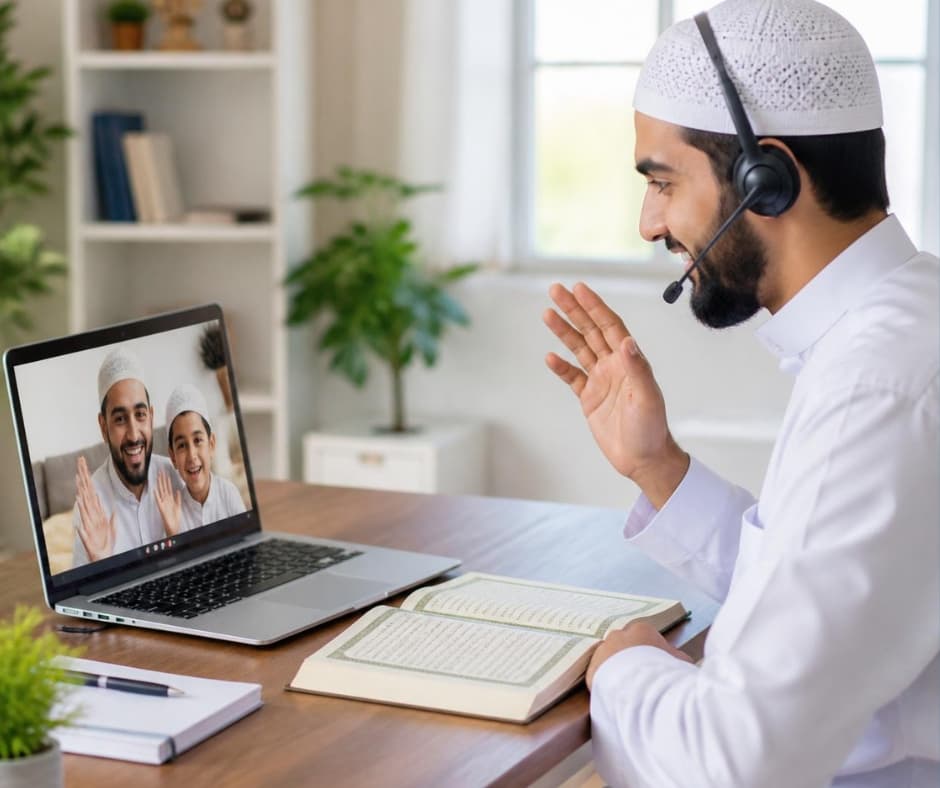 Smiling young student wearing headset reciting Quran in an online classroom