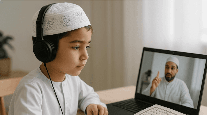 Young Muslim student in the USA attending a live 1-on-1 online Quran class with tutor on a laptop