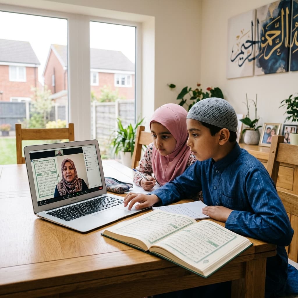 British Muslim students in Birmingham studying Quran online with an OQTutor instructor