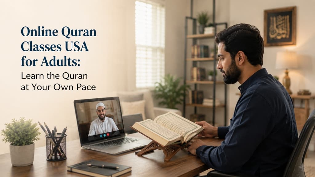 Adult Muslim learner studying the Holy Quran online with a certified tutor in the USA