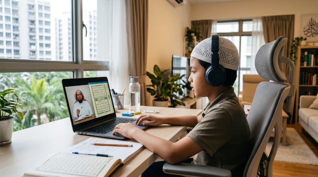Boy in Singapore learning Quran online on laptop from modern home apartment