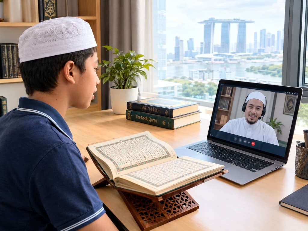 Student studying Quran on laptop with Singapore Marina Bay skyline view in the background