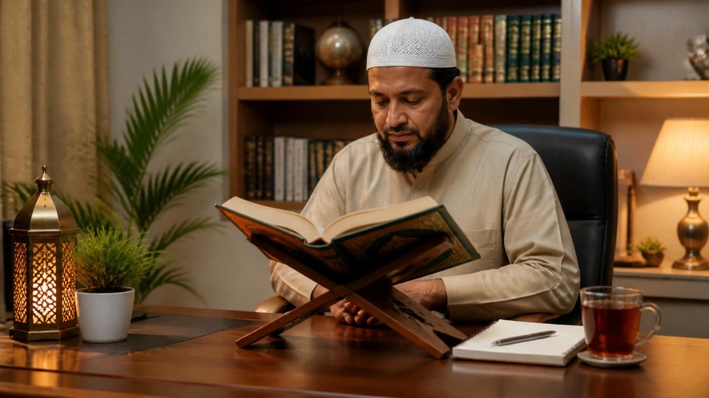 Adult Muslim learner studying the Quran online with a tutor at home