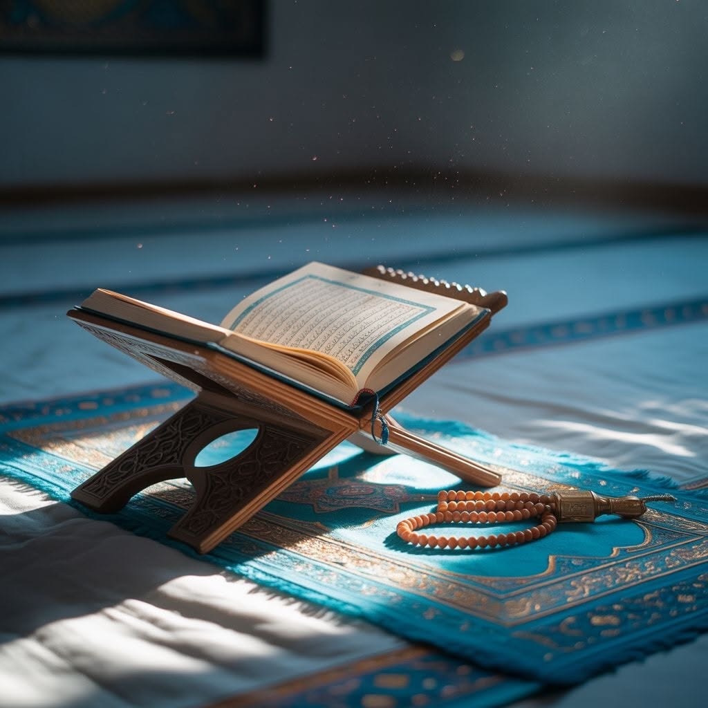 Open Holy Quran on a wooden rehal stand with prayer beads on a prayer mat bathed in soft morning light