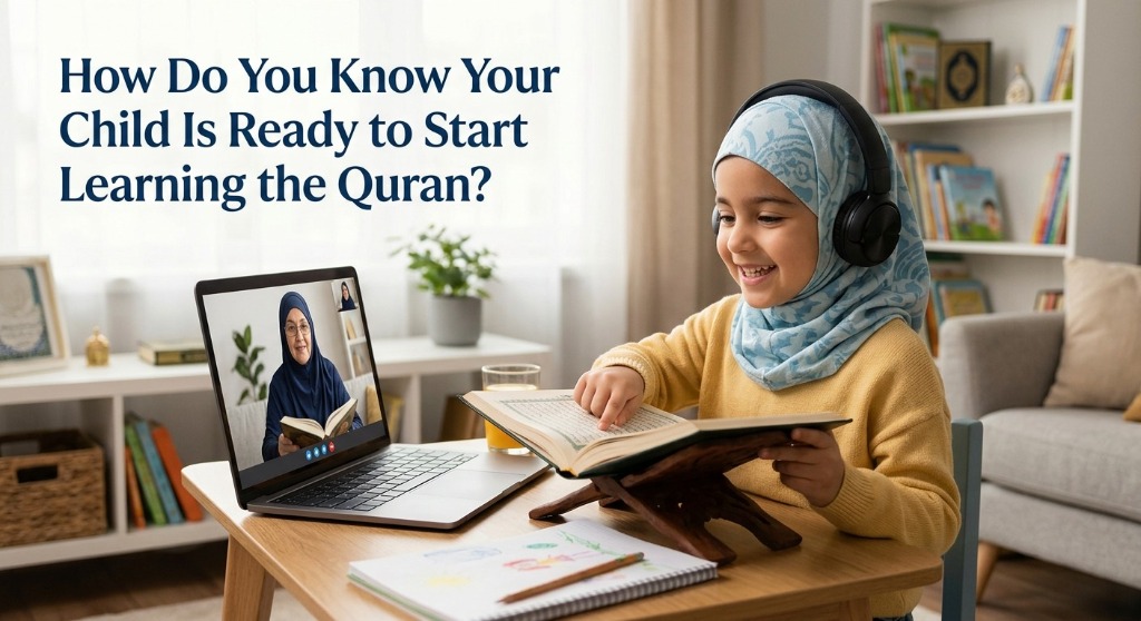 Muslim child reading Quran with parents and practicing prayer at home