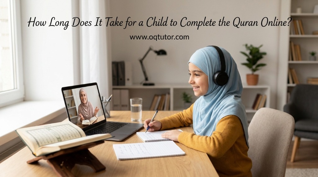 Young Muslim girl reciting Quran on wooden rehal during online Quran lesson with female tutor on laptop screen