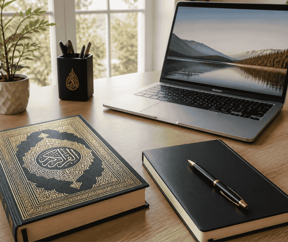 Copy of Holy Quran on desk next to laptop showing mountain backdrop