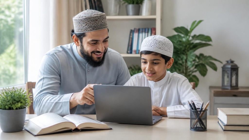 Father sitting with son helping him with laptop online studies