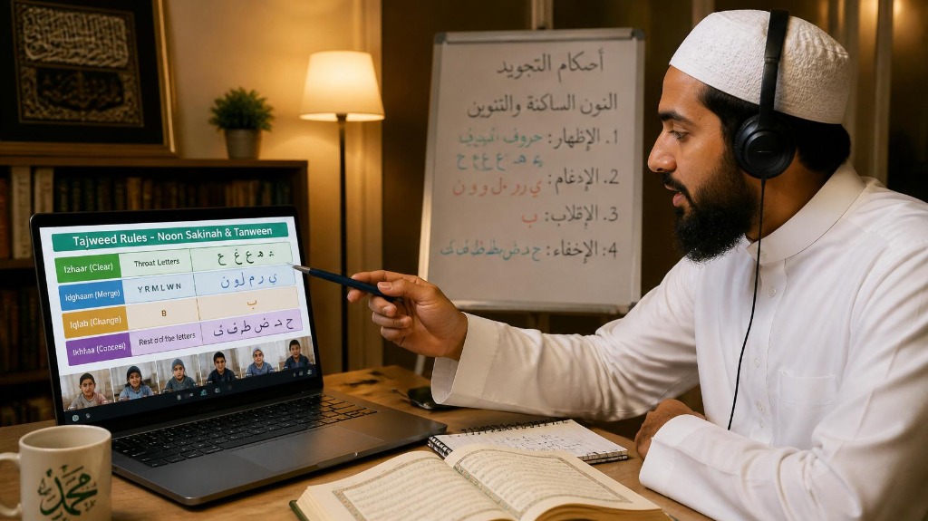 Certified teacher pointing at Tajweed rules chart on screen