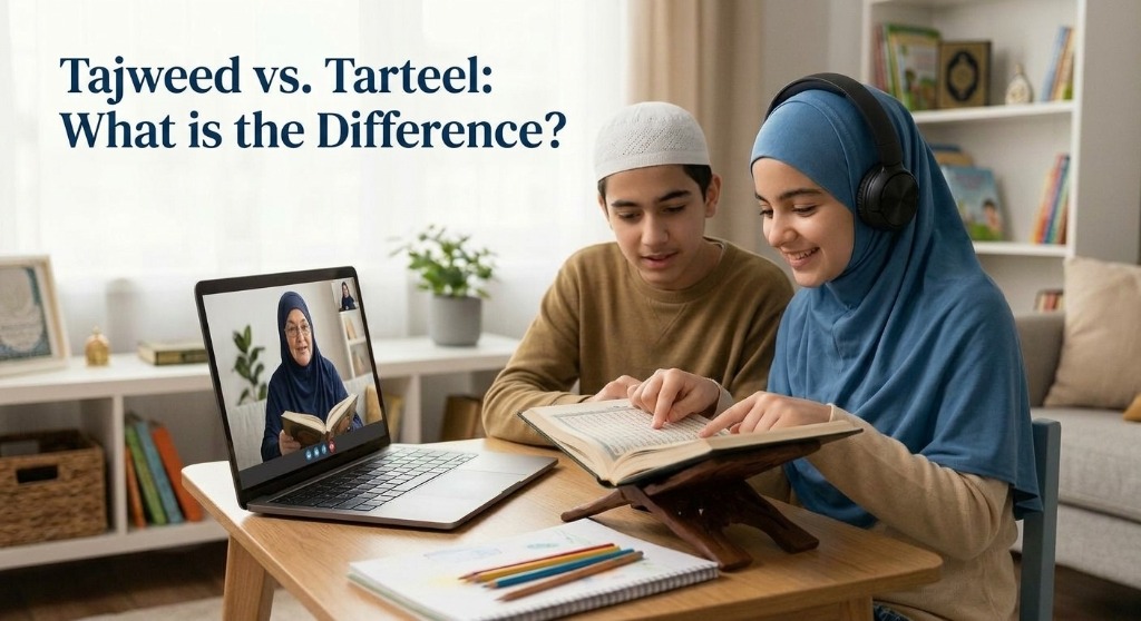 Two young students practicing Quran recitation with an online teacher on a laptop